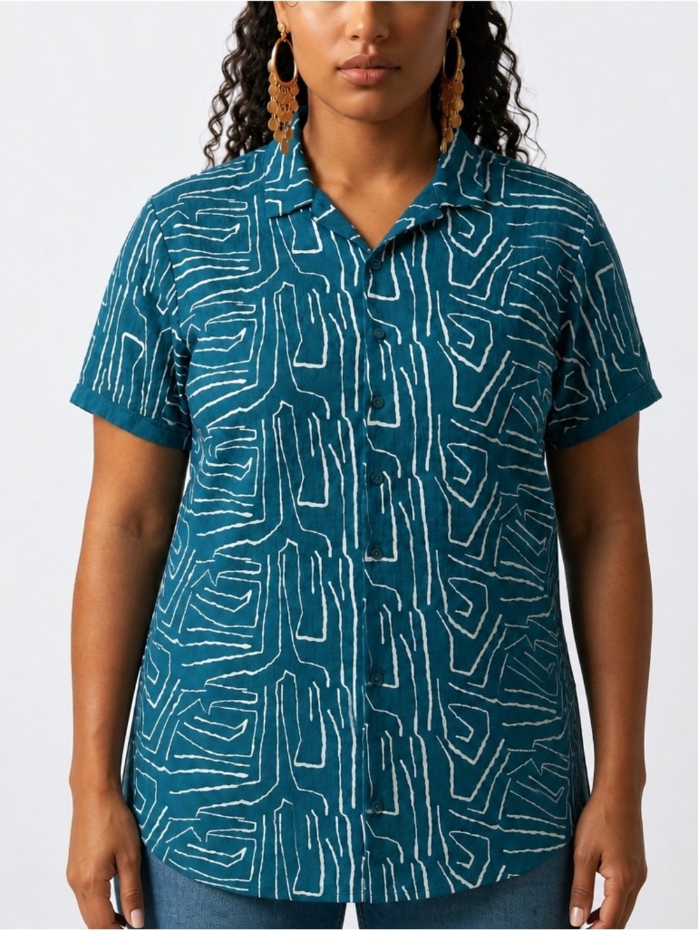 Teal Geometric Print 100% Cotton Button Front Shirt Short Sleeve Collared Top